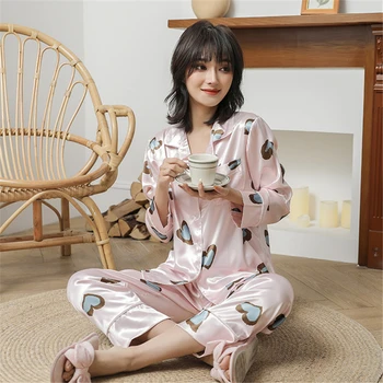 

Pajamas women's cardigan spring and summer thin trousers long sleeves home service suit casual fashion can wear print pijama