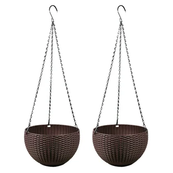 

2pcs 22*22*13cm Round Mimetic Rattan-Woven Pattern Hanging Plastic Flower Pot Self-Watering Scindapsus Plant Holder - Coffee