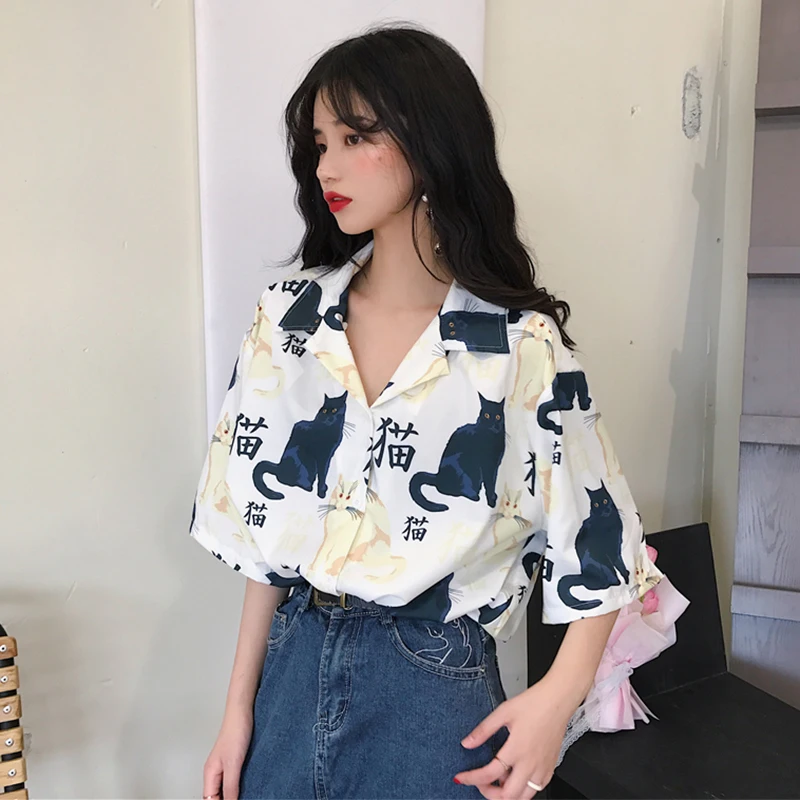 

Harajuku Women Tops and Blouses 2020 Korean Fashion Clothing Cute Kawaii Shirts Cartoon Animal Cat Print Loose Blusas
