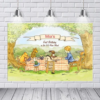 

Photography BackdropsWinnie Bear First Birthday 100 Acre Wood Tree Path Lunch Table Custom Photo Studio Background Backdrop