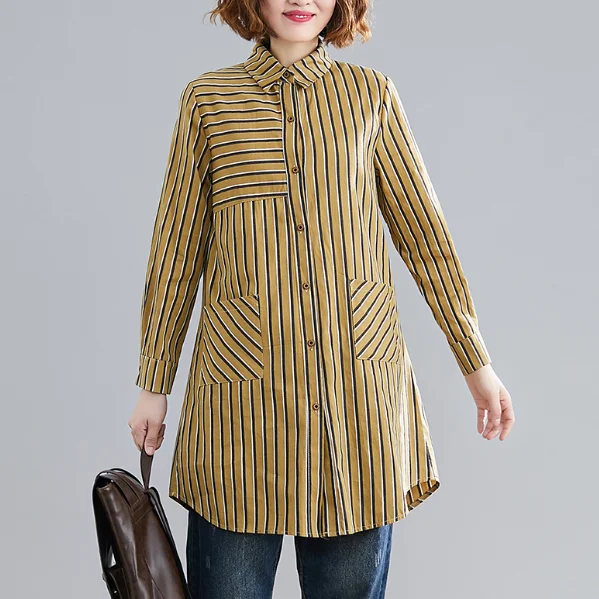 2020 New Spring Autumn Women Long Shirt Turn-Down Collar Red Yellow Green Striped Vintage Elegant Pockets Cotton Blouse DB351 | Женская