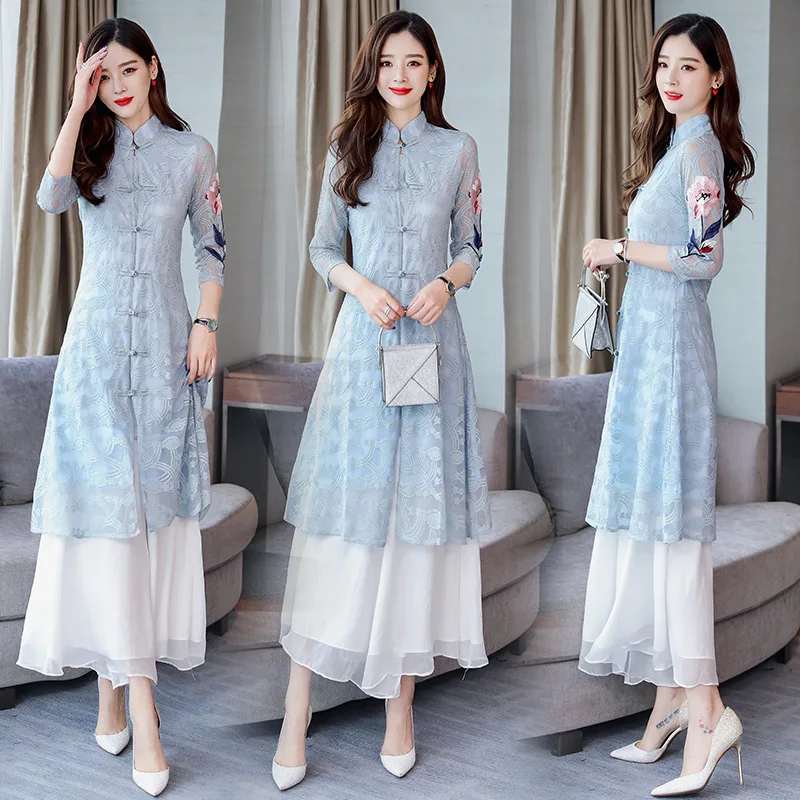 

2019 Spring Summer New Style Two-Piece Set China Ethnic-Style Improved Cheongsam Set Elegant Slimming Loose Pants Set