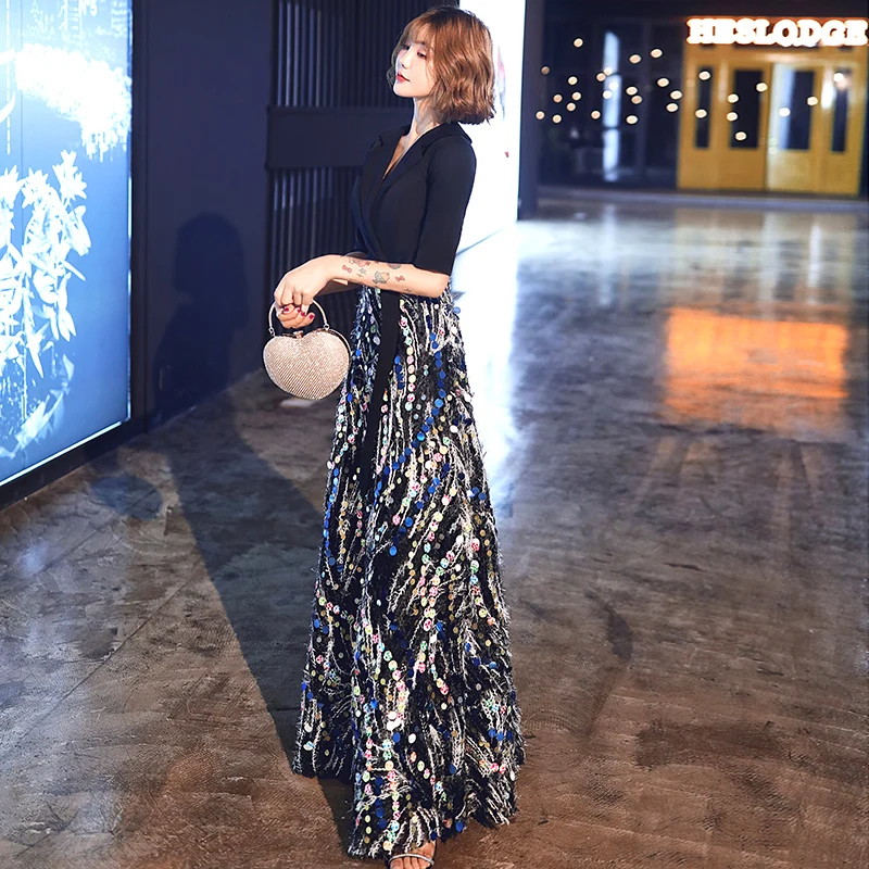 AE611 Robe De Soiree2019 Длинные вечерние платья сексуальное с v-образным вырезом Половина рукава ТРАПЕЦИЕВИДНОЕ официальное платье элегантное вечернее платье