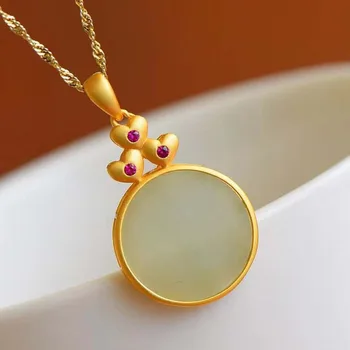 

New 925 silver inlaid hetian white jade round fashion pendant