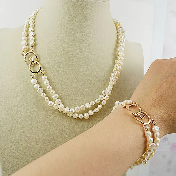 

New Favorite Pearl Necklace Bracelet Real Freshwater Pearls Gold Plated Chain Buckle Can Be Worn At Will Ladies Fine Jewelry Set