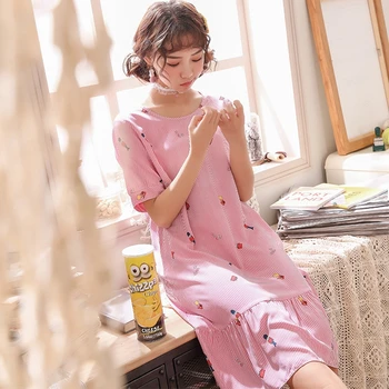 

Women Lovely Printed Striped Flower Nightdress Home Clothing Elegant Short Sleeve Nightgown Cotton Babydoll Sleepwear Lingerie