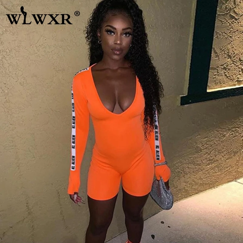 WLWXR с буквенным принтом, женский сексуальный комбинезон, Женский коcтюм с длинными рукавами, Летний комбинезон, фитнес-Байкерский комбинезон, женский