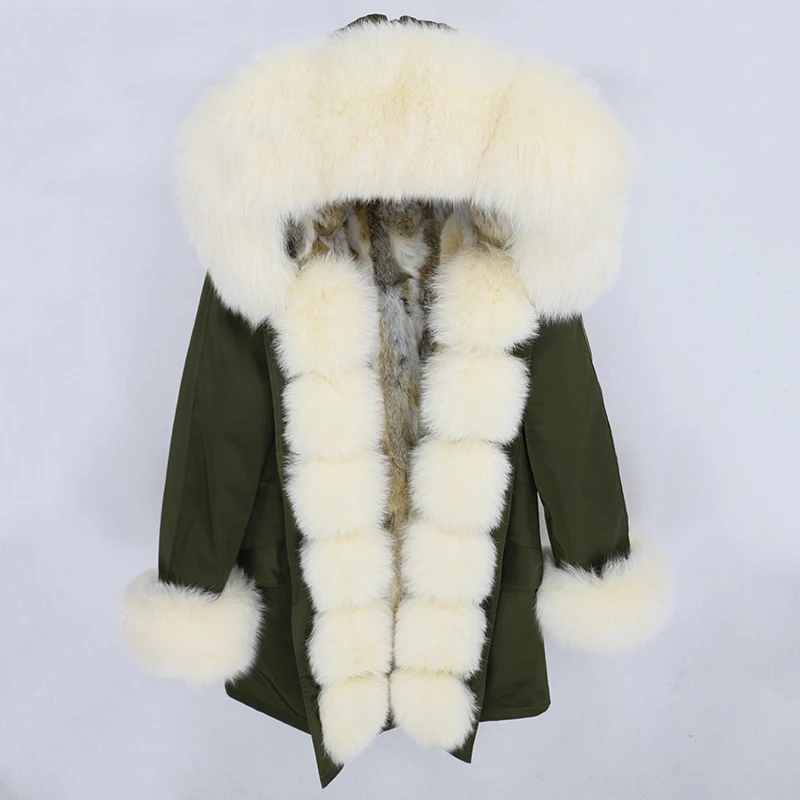 green beige OFTBUY, водонепроницаемая парка, натуральное меховое пальто, зимняя куртка для женщин, воротник из натурального меха енота, капюшон, подкладка из натурального кроличьего меха, съемная - Цвет: green beige