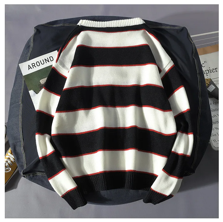 Осенний и зимний мужской полосатый цветной свитер, Модный пуловер с круглым вырезом и вырезом лодочкой, одежда для молодых мужчин