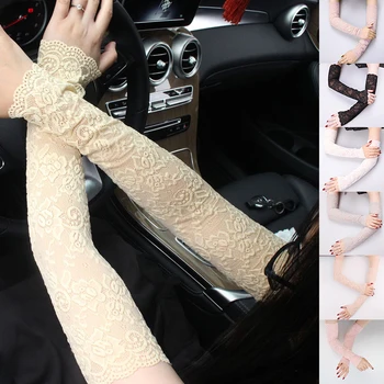 

Women Summer Sunscreen Lace Long Gloves Rose Flower Pattern Sexy Female Half Finger Sun Protection Driving Breathable Gloves