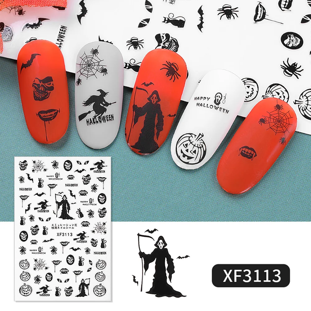 

152mm*83mm Halloween Series Spider Web Black Cat Bat Pumpkin Witch Horror element Designs Adhesive Decals DIY Nail Art Stickers