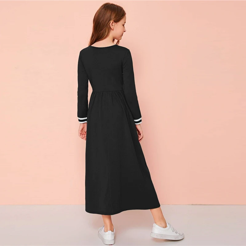 SHEIN/детское расклешенное платье макси в полоску с буквенным принтом и манжетами, осень, длинные платья трапециевидной формы с длинным рукавом и высокой талией