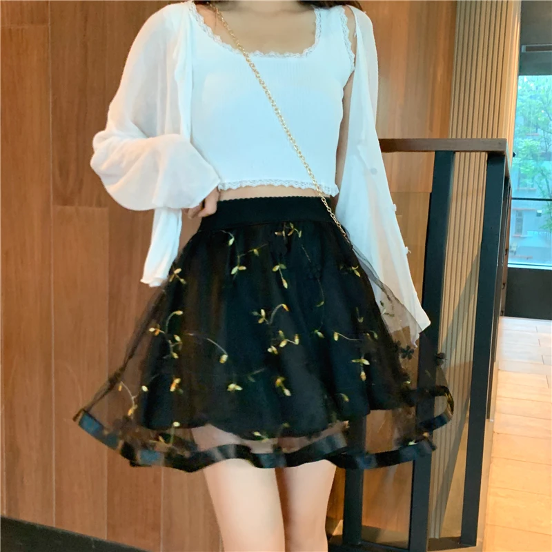 skater skirt ZuoLunOuBa Fashion Summer Sexy Mini Women Skirt Embroidery Jacquard Net Yarn Flowers Elastic Waist Black Harajuku Skirts Female jean skirt