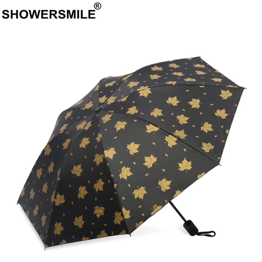 

SHOWERSMILE Leaves Umbrella Black Gold Rain and Sun Umbrellas Black Coating Folding Uv Protection Parasol