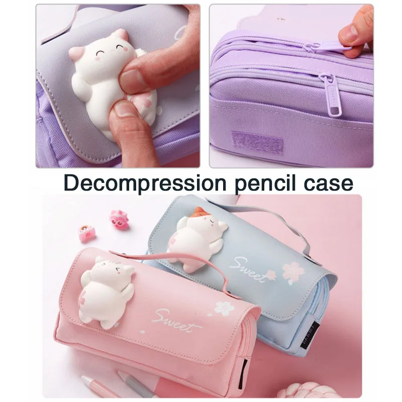 Cute Cat Decompression Pencil Case Big Pencil Box Portable Girls Pen Bag Double Layer School Pouch Kawaii Stationery Pensil Case
