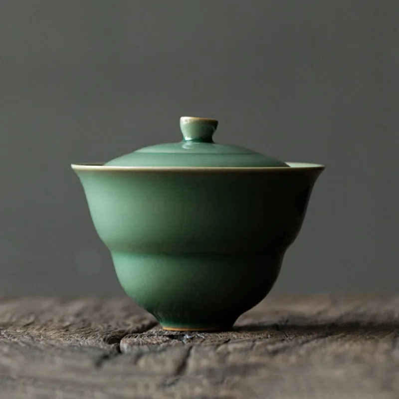 125ml Yue Kiln Celadon Tea Tureen Handmade Gourd Shape Ceramic China Tea Maker Gaiwan Japanese Bowl With Lid Kung Fu Teaware