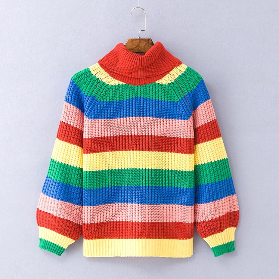 Rainbow Colorful Stripe Print Women Casual Sweaters Autumn Fashion Turtleneck Knitwear Loose Pullovers Jumper Pull Femme | Женская