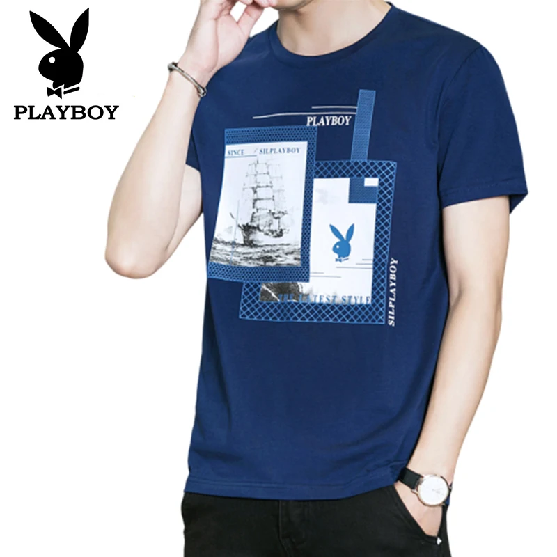 

Playboy tide men's slim fashion casual stretch cotton printed short-sleeved T-shirt clothes