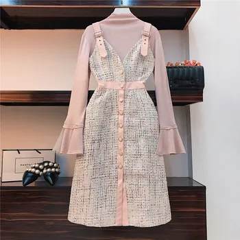 

Women Tweed 2 Piece Dress Autumn Pink Cotton Patchwork Mesh Flare Sleeve Tops + Woolen Single-Breasted Halter Dress Skirt Set