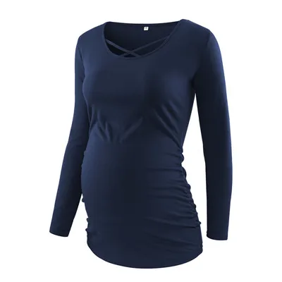 cross neck navy Комплект из 3 предметов, Женская туника для беременных, топы, одежда для мамы, красивая футболка с длинными рукавами и рюшами, с глубоким вырезом, для беременных - Цвет: cross neck navy
