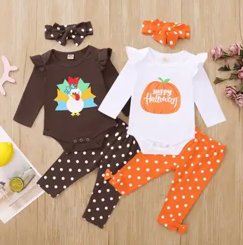 

Newborn Baby Halloween Clothes Set Infant Long Sleeve Turkey/Pumpkin Pattern Romper+Polka Dot Trousers+Headband Festive Clothing