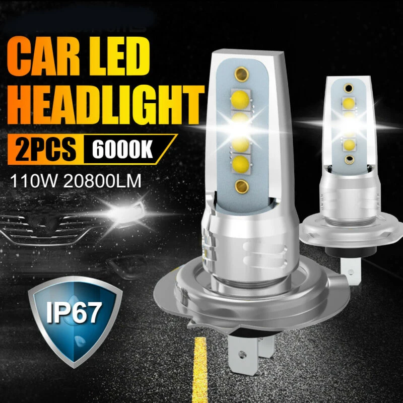 

2pcs IP67 Auto Car Lights Aluminum Accessory H7 LED Headlight Lamp COB 110W 20800LM 6000K CSP Chips High-Low Beam Car Headlight