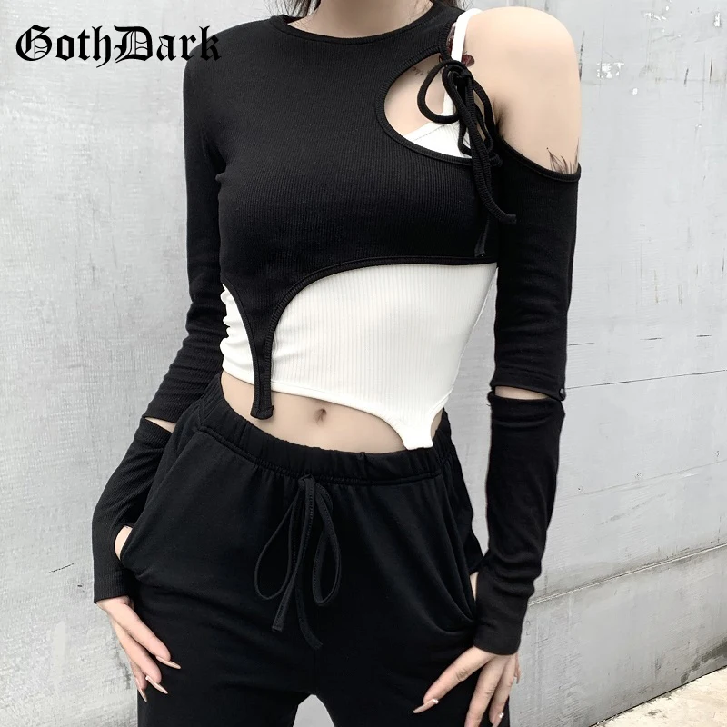 Женский комплект из двух предметов Goth Dark Harajuku черный топ на одно плечо и белая