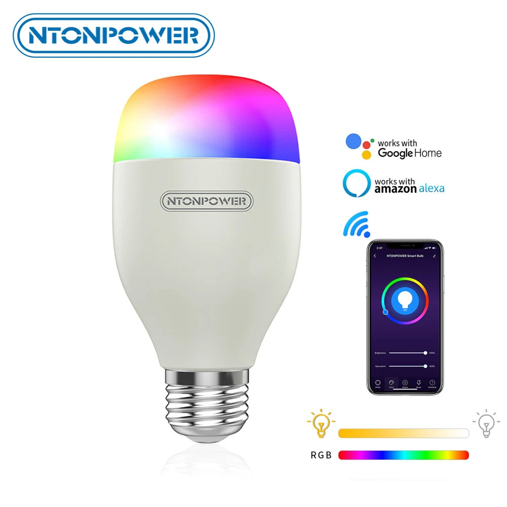 NTONPOWER, умный WiFi светильник, 7 Вт, RGB, волшебный светильник, лампа, E27, лампа с регулируемой яркостью, светильник с функцией пробуждения, совместим с Alexa google Home