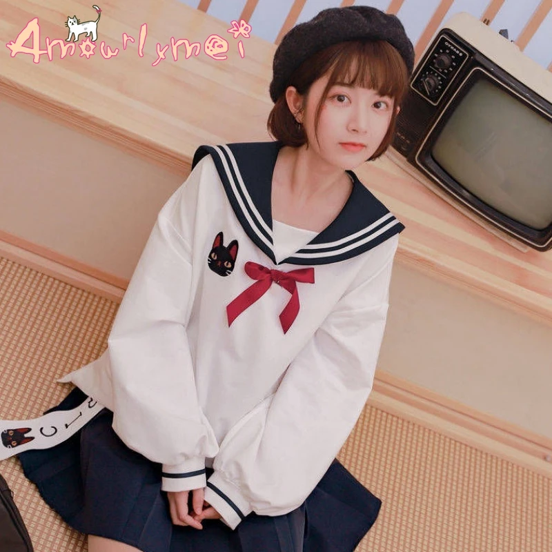 Весна осень Женская толстовка японский стиль Mori Girl преппи стиль Kawaii Лолита мультфильм Кот Вышивка толстовки с длинным рукавом Pullove