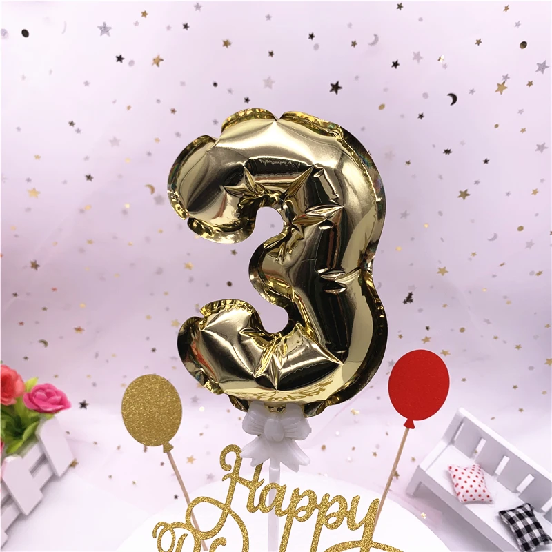 Мини Самонадувающийся розовое золото Воздушные шары из фольги в виде цифр Торт Топперы с лук-палка Свадебный декор день рождения торт поставки