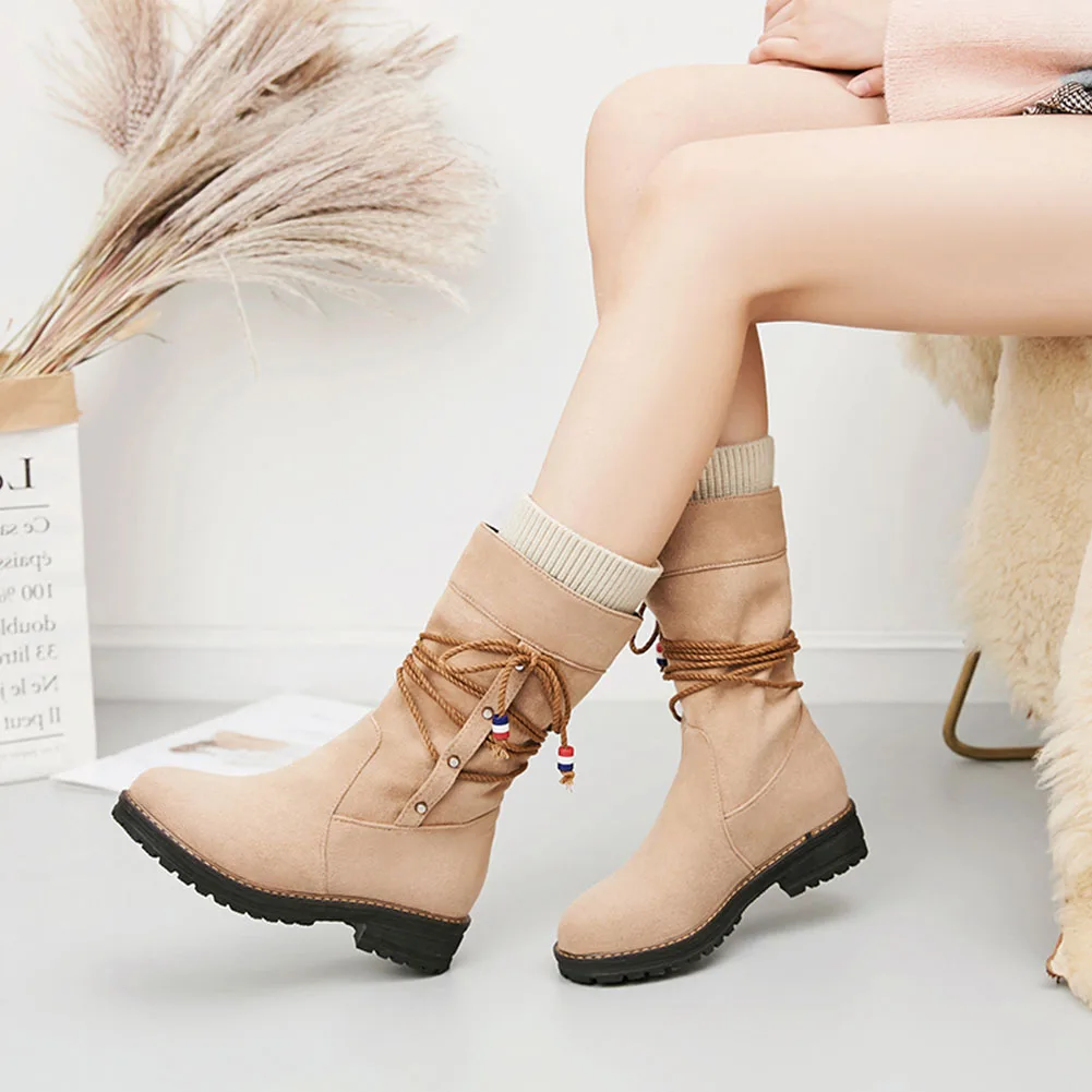 

LAPOLAKA Fashion Plus Size 33-43 Add Fur Autumn Winter Boots Woman Soes Slip On Chunky Heels Concise Shoes Women Boots Female