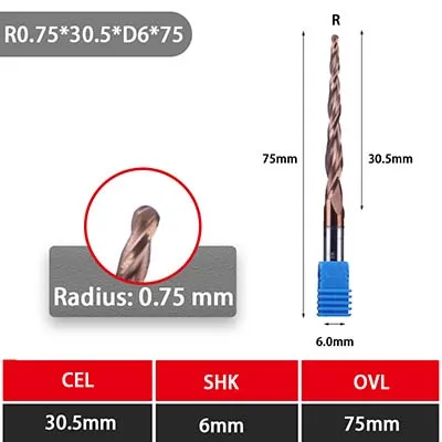 UCHEER 1 шт. 4 мм 6 мм со скошенным шариковым наконечником Концевая мельница Вольфрам прочные, покрытые карбоном конус cnc фрезерные деревообрабатывающие станки Гравировальный Бит - Длина режущей кромки: D6-0.75R-30.5cl