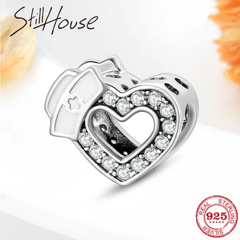 

2019 New 925 Sterling Silver Nurse hat Heart shape sparkling CZ Fit Original European Charm Bracelet beads for jewelry making
