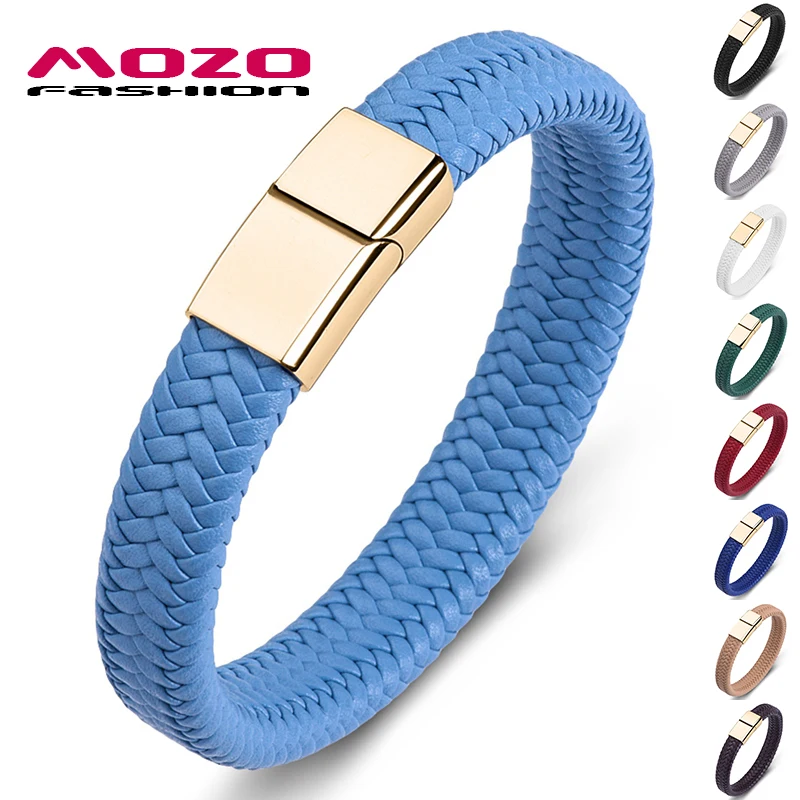 

MOZO FASHION 2020 Punk Men Jewelry Blue Braided Leather Bracelet Gold Stainless Steel Magnetic Clasp Fashion Women Bangles 161