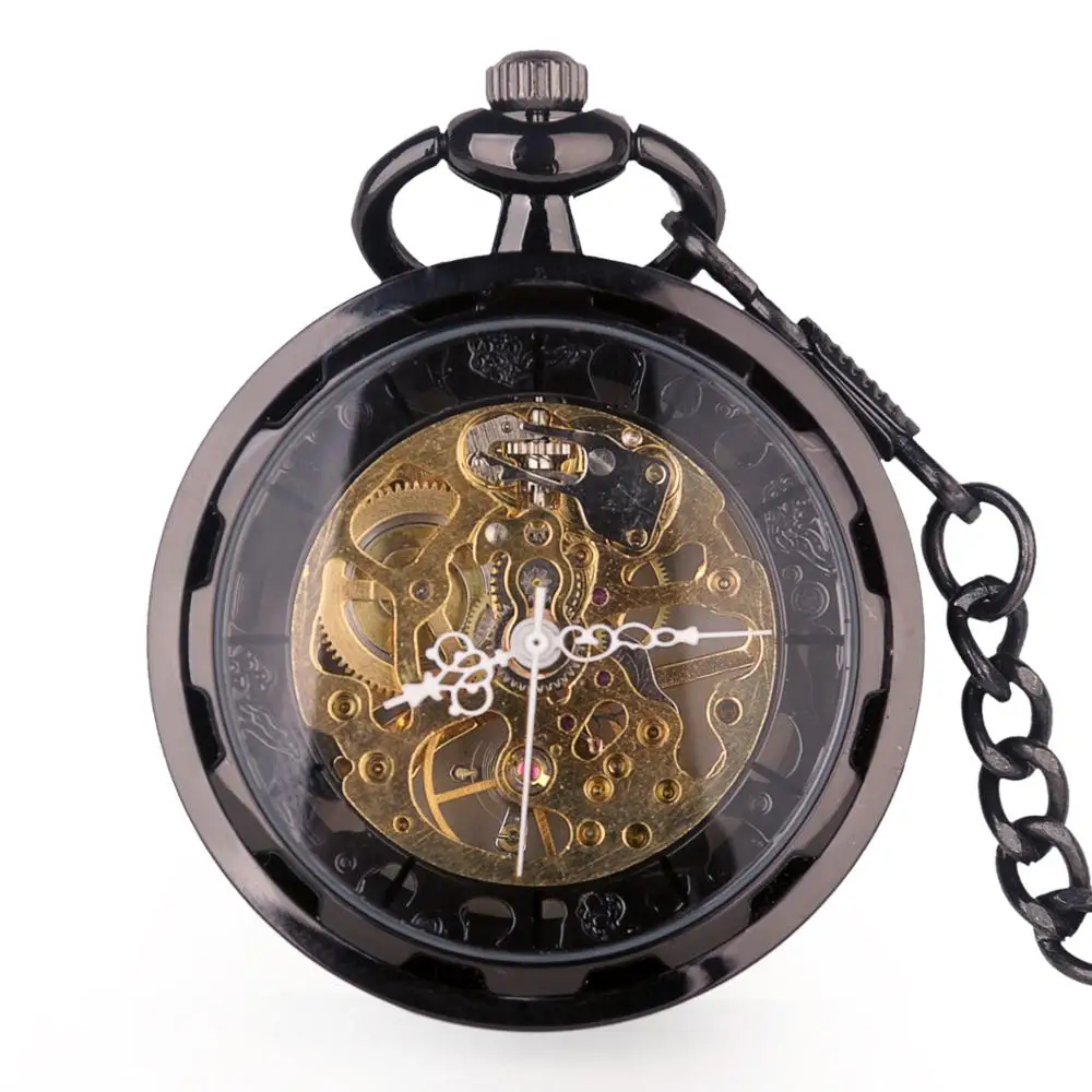 

Automatic Mechanical Pocket Watch Retro Vintage Antique Black Hand-winding Watch With FOB Chain Unisex for Men Women Gifts