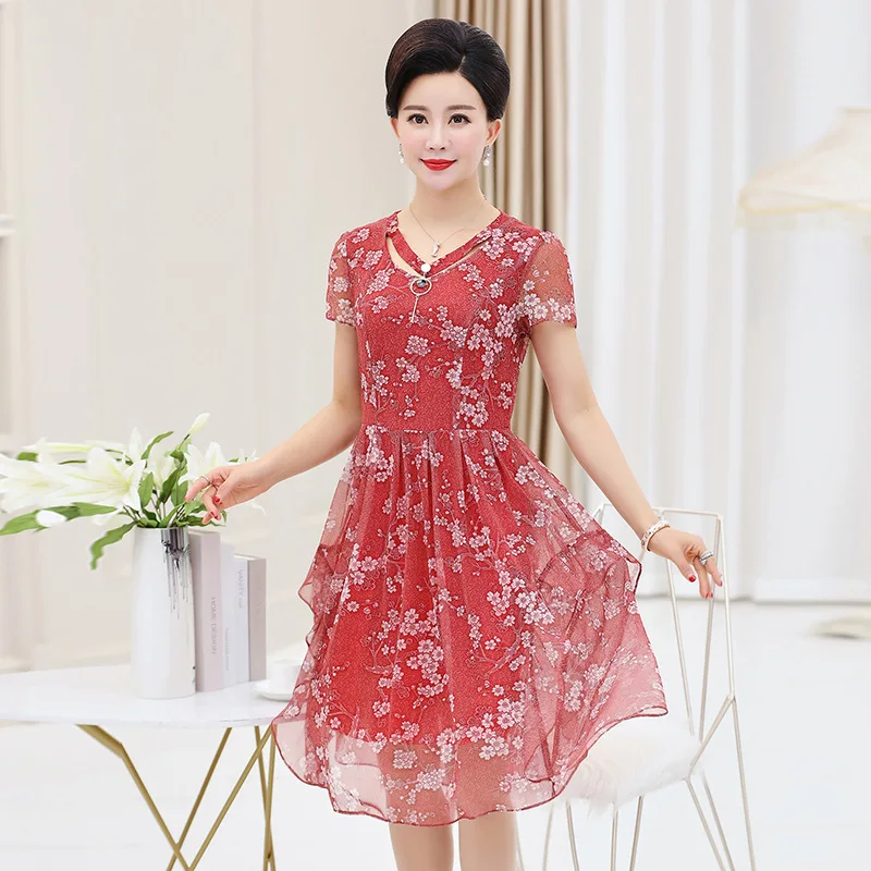 

Middle-aged Mom Skirt 2019 New Style Summer Wear for Women 40-50-Year-Old Middle-aged Women's Short-sleeve Dress Mid-length