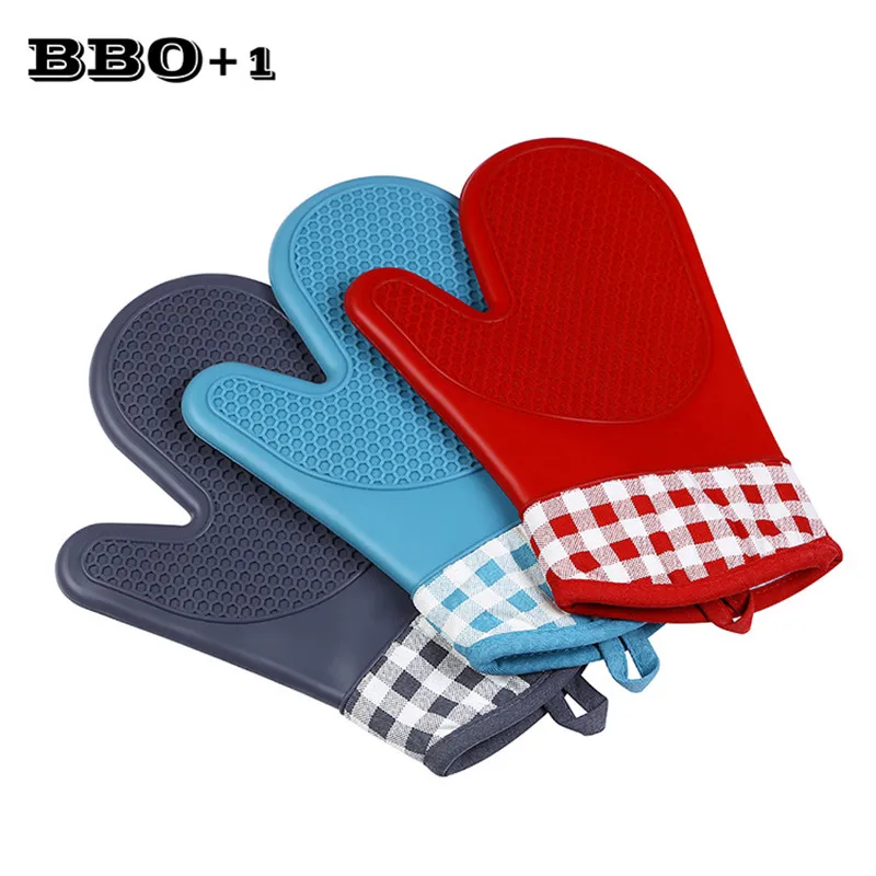 

2pcs Red/Blue/Gray Short Silicone Kitchen Oven Mitt Glove Heat Proof Resistant with short Canvas Sleeve Stitching for BBQ 28cm
