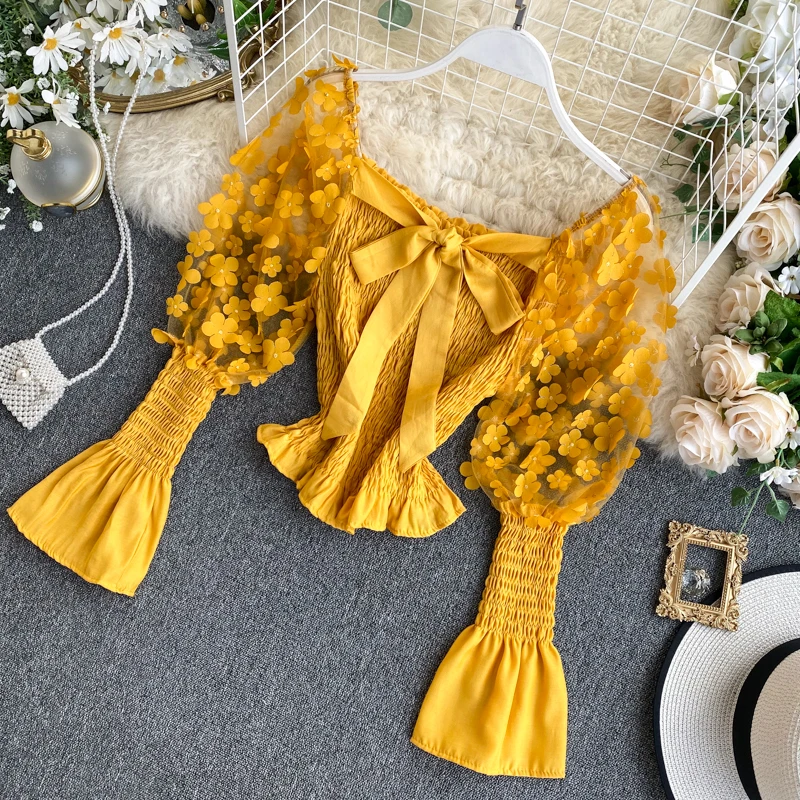 French Vintage Flower Mesh Patchwork Puff Sleeve Blosue Women Sweet Bowknot Off Shoulder Short Shirts Sexy Streetwear Tee Tops