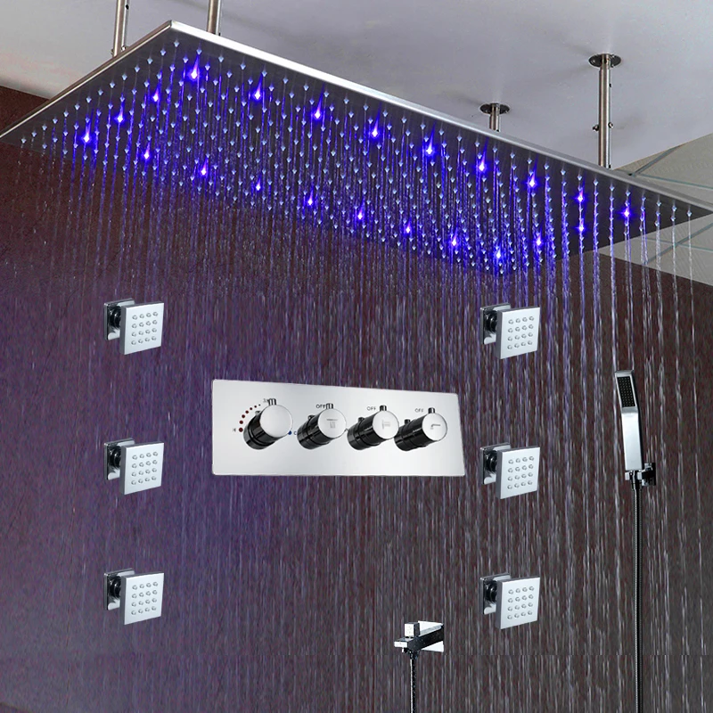 

Bathroom Ceiling Rainfall LED Shower head Stainless Steel 400*800mm Brass Thermostatic Mixer Valve Accessories Shower Set System