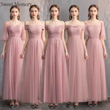 A090 Custom Made Tulle Roze Grijs Lange Bruidsmeisjekleding Zoete Geheugen Vrouwen Vestidos Half Mouw Plus Size Bruiloft Jurk
