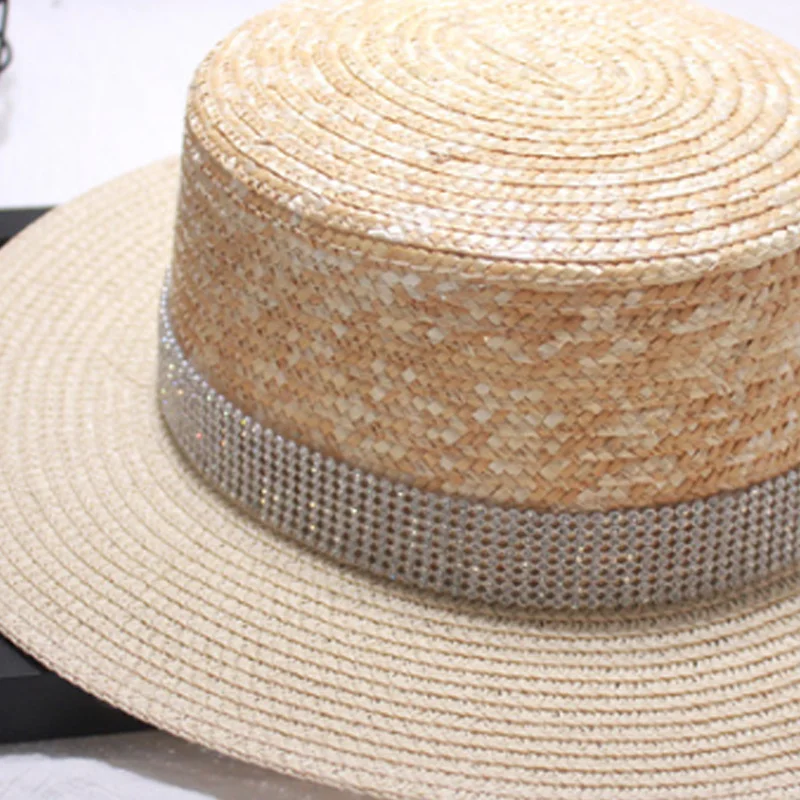 Trend Hats Men And Women Summer Straw Visor Seaside Vacation Color Matching Straw Flat Straw Hat Bright Diamond Hat Travel Beach