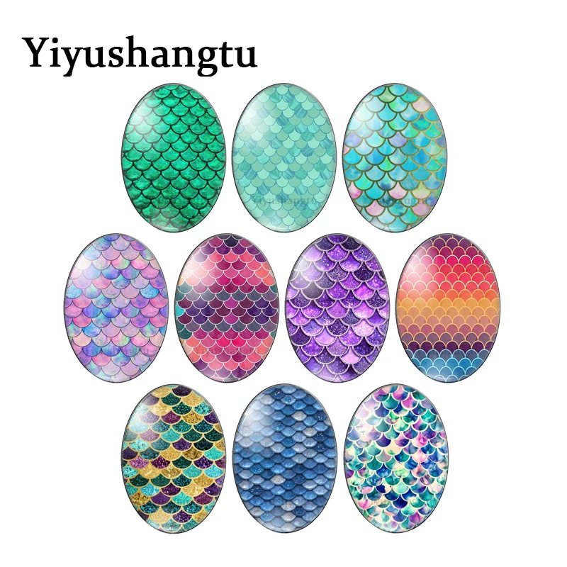 

New colourful fish scale painting 10pcs mixed 13x18mm/18x25mm/30x40mm Oval photo glass cabochon flat back Making findings