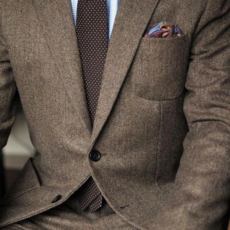 Brown Herringbone Tweed Casual Men Suits for Winter 2 Piece Wedding Groomsmen Tuxedo Suit Jacket with Pants