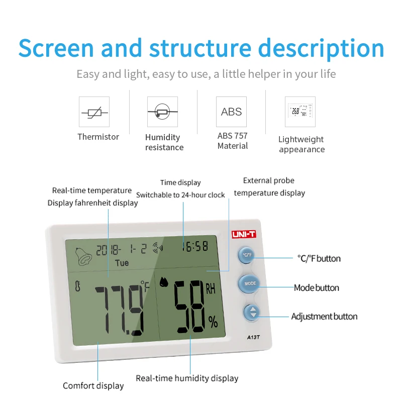 Temperature Humidity Meter UNI-T A13T Display of temperature Humidity Date and Time