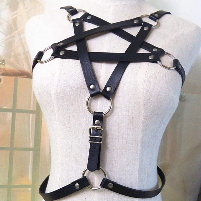 

Woman Pentagram Punk Style PU Leather Harness Bra Belts Sexy Lingerie Body Bondage Caged Bralette Gothic Bra Garters 2 Styles