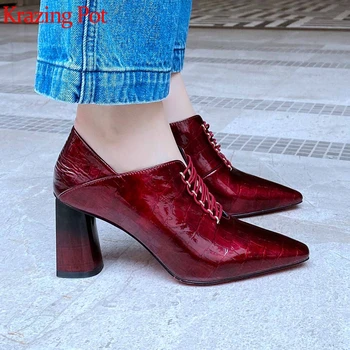 

Krazing pot new arrival natural cow leather elastic band pointed toe gladiator high heels deep mouth spring wedding pumps L75