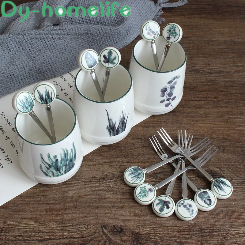 

Ceramic Stainless Steel Cutlery Set Nordic Green Plant Food Fork Fruit Dessert Cake Fork 6 Piece Set Home Kitchen Supplies