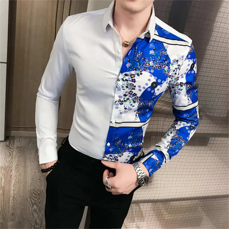 Fashion Men Club Shirt Autumn Long Sleeve Baroque Men's Slim Shirt Fashion Patchwork Print Men's Prom Shirt Camisas Hombre