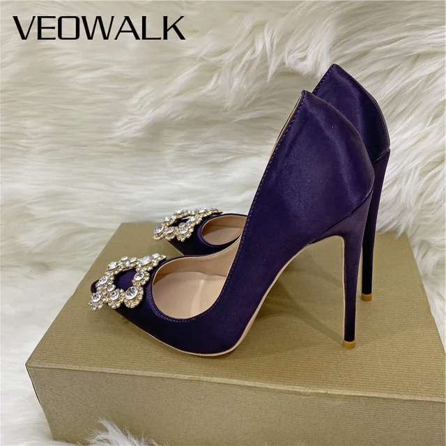 Veowalk Diamante Squre Decor Women Satin Pointy Toe Stiletto Pumps 8cm 10cm 12cm Sparkly Party Wedding Shoes Black Purple 1