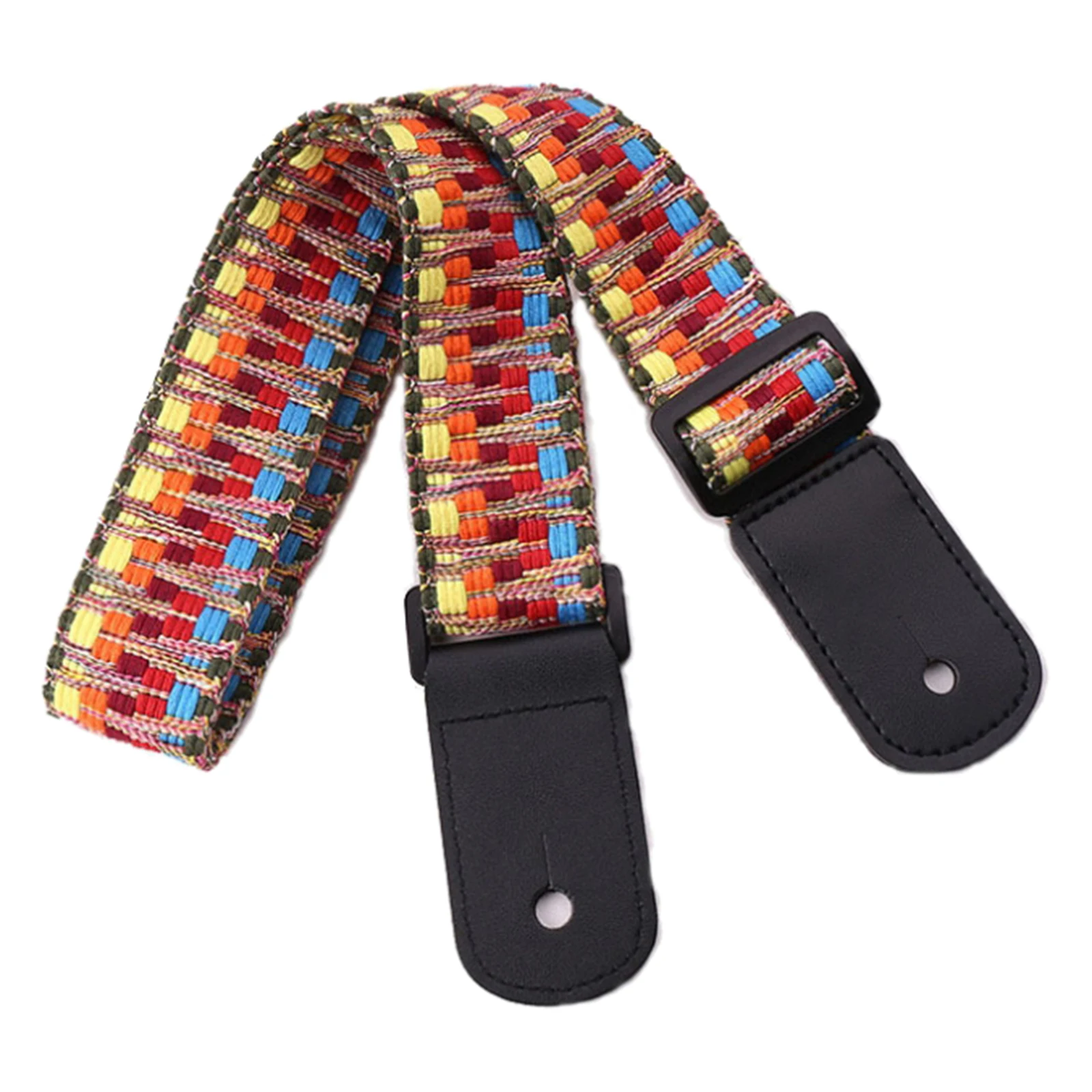 Retro Strip Design Leather Ends Guitar Strap Adjustable for Acoustic Guitar